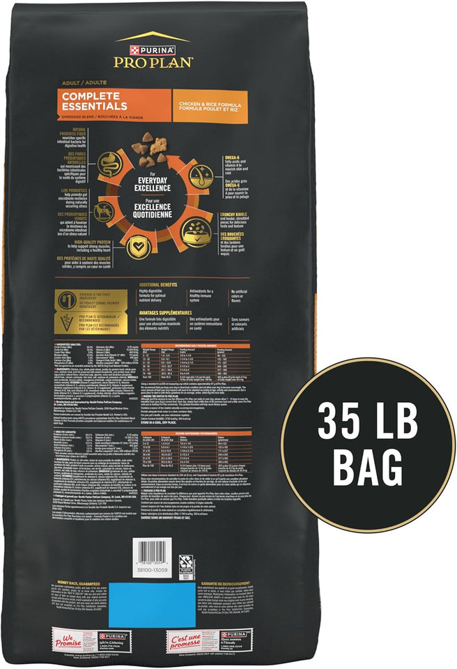 PLrina Pro Plan Complete Essentials Shredded Blend Chicken and Rice Dog Food Dry Formula with Probiotics for Dogs - 35 lb. Bag