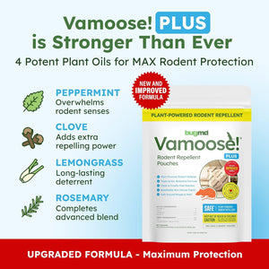 BugMD Vamoose! Plus Peppermint Oil Mouse Repellent Pouches | Natural Mice Repellent Indoor & Rat Deterrent for House, Garage, RV, Car & Storage | Plant-Powered Rodent Control - 1 Pack - 4 Pouches