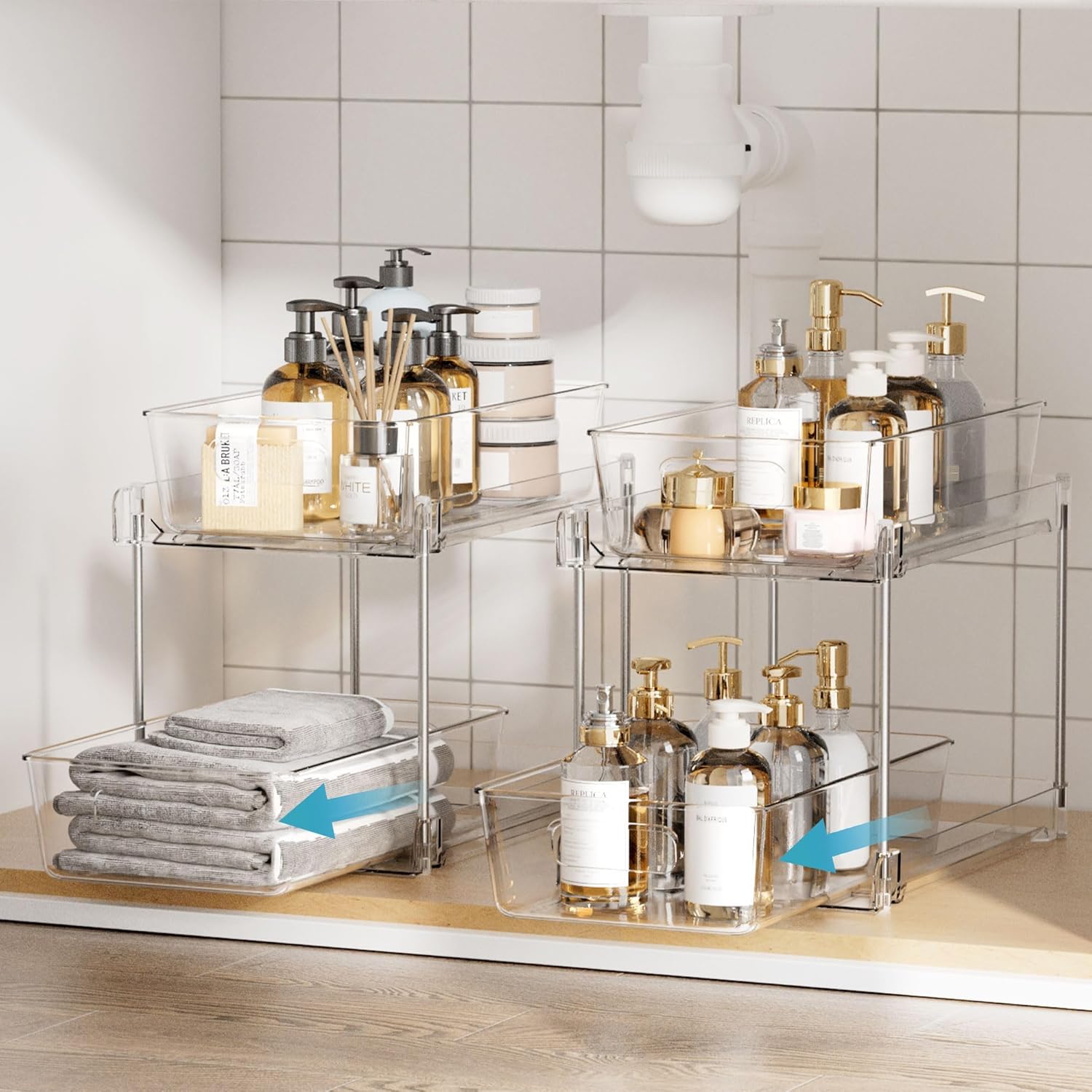 Vtopmart 4 Pack Bathroom Organizer, 2 Tier Clear Under Sink Organizers Vanity Countertop Storage Container,Cabinet Drawers Bins, Pull-Out Organization with Track for Pantry, Kitchen