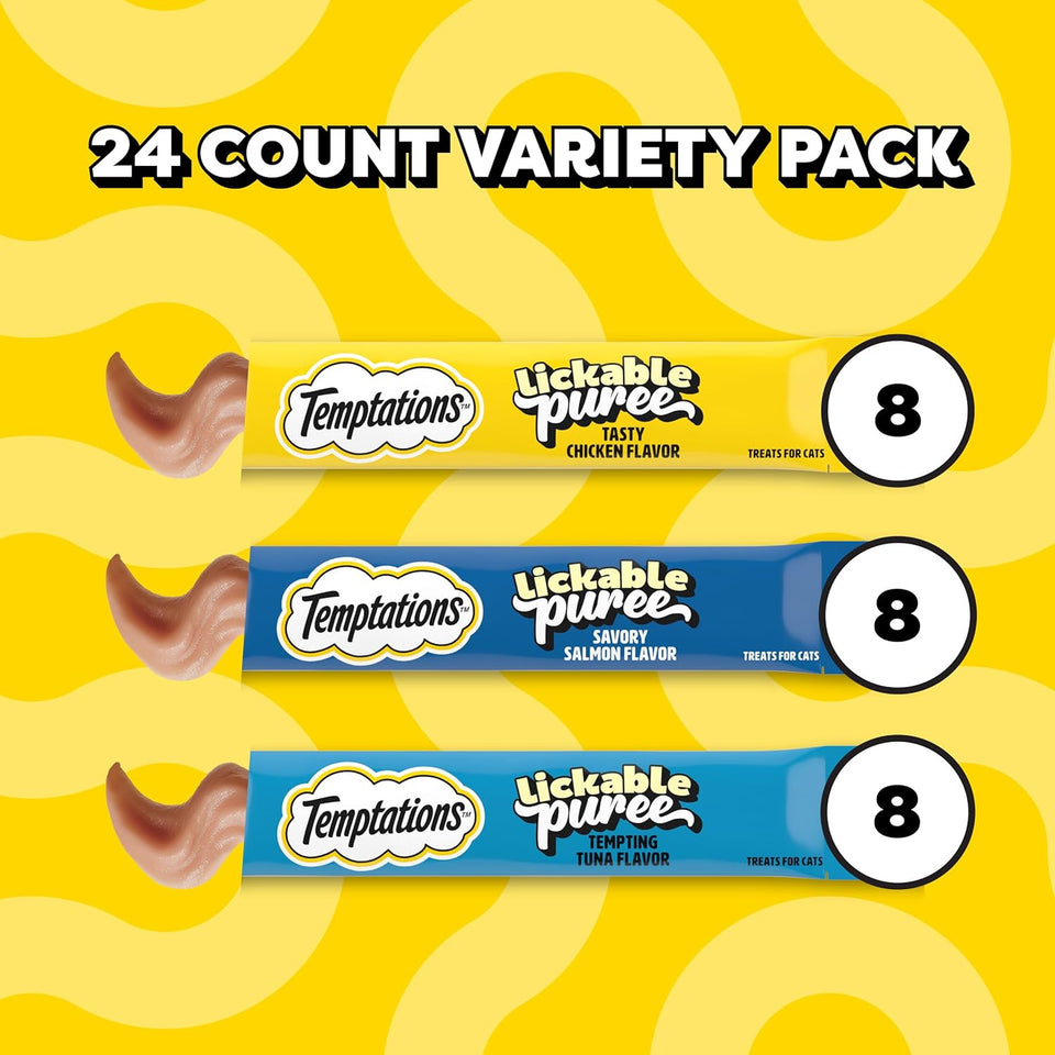 Temptations Creamy PLree Squeezable Lickable Cat Treats, Wet Cat Treats with Chicken, Salmon, and Tuna Variety Pack, 0.42 oz. Tubes, 24 Count
