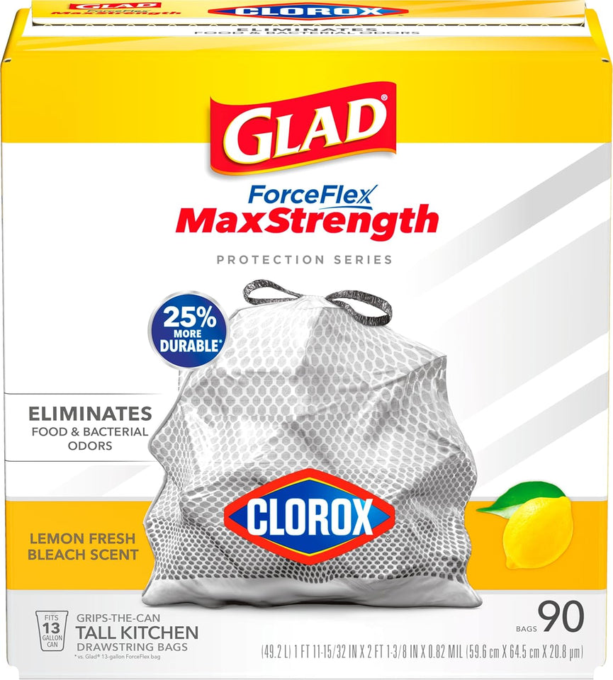 Glad Tall Kitchen Trash Bags 13 Gallon, MaxStrength Cherry Blossom Garbage Bags, Drawstring, 90 Count - PureLivingMart