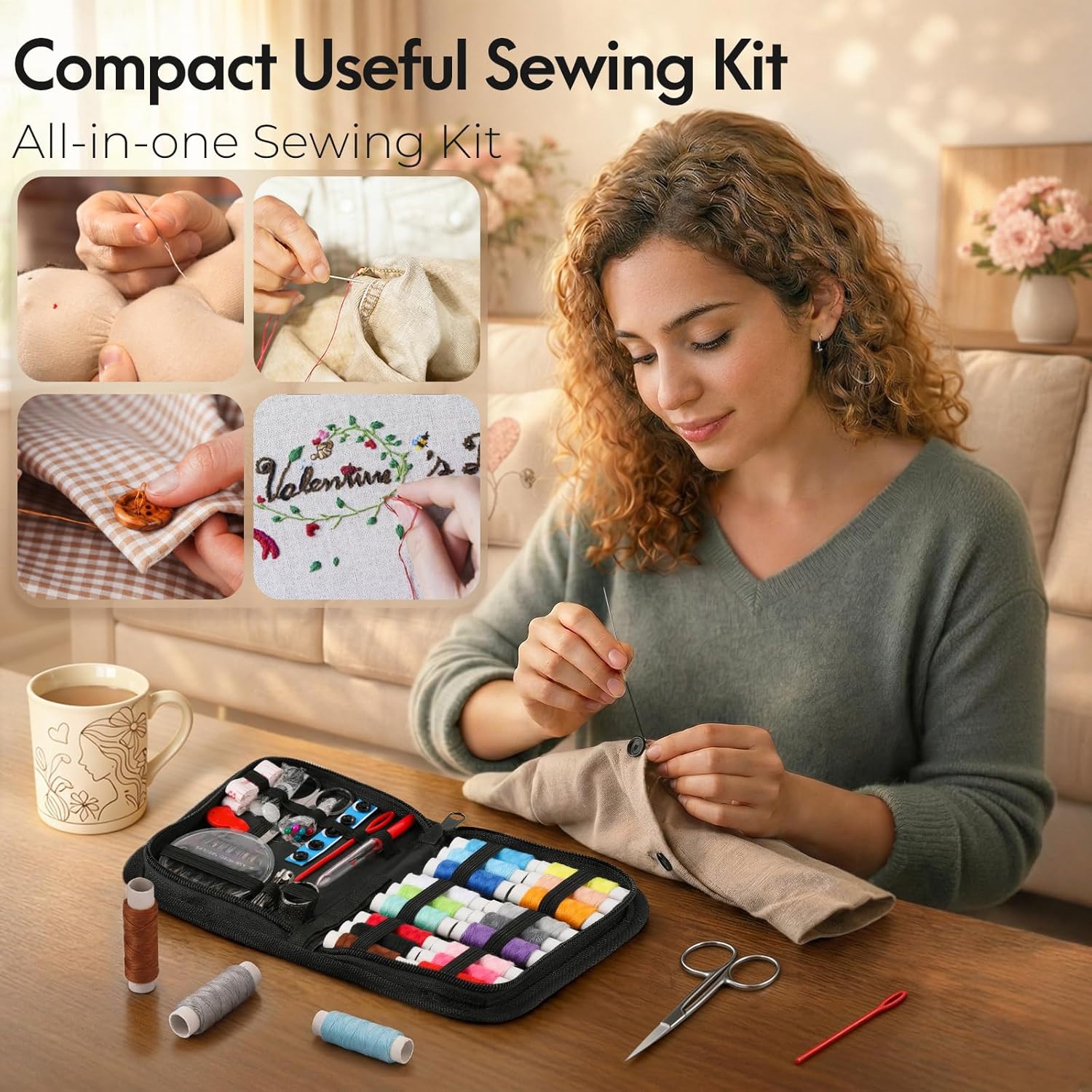 Coquimbo Sewing Kit Mothers Day Gifts for Mom Grandma Women Wife Teen Girls Beginner Traveler, Portable Sewing Supplies Accessories Contains Thread, Needles, Scissors, Dorm Room Essentials (Black)