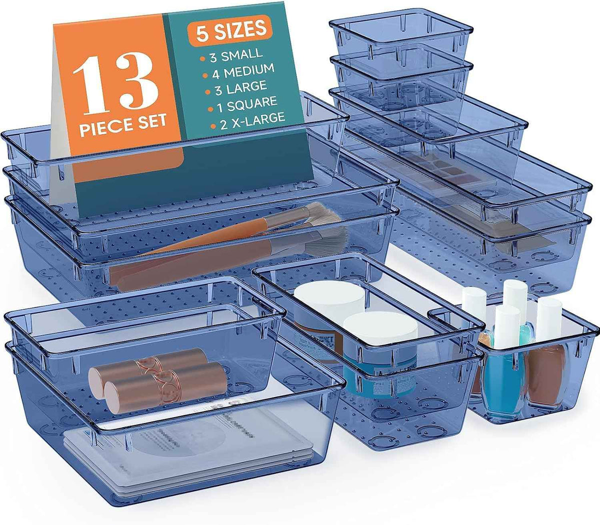 16 PCS Drawer Organizer Set, 5 Varied Size Bathroom and kitchen Drawer cabinet organizer Trays, Clear Storage Bins for Makeup, Jewelry, Utensils and Gadgets