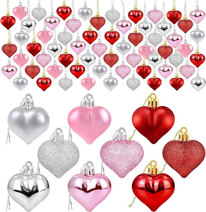 36Pcs Valentines Heart Shaped Ornaments - Valentines Heart Decorations - Red Pink Silver Glitter Heart Shaped Baubles - Romantic Christmas Valentines Tree Hanging Decorations
