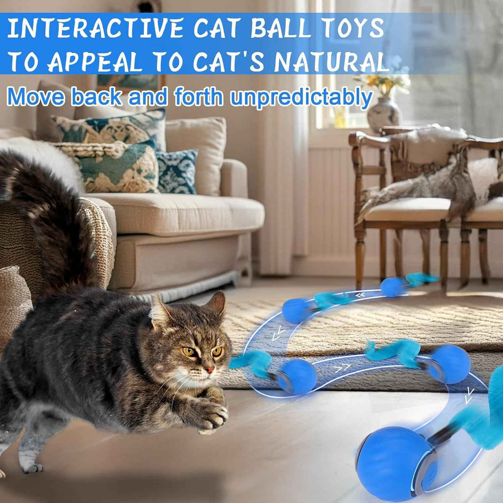 Baborui automatic interactive cat toy ball for small/medium/large cats with 3 tails, 2 speeds, rechargeable blue