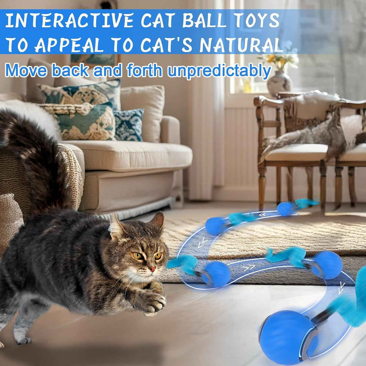 Baborui automatic interactive cat toy ball for small/medium/large cats with 3 tails, 2 speeds, rechargeable blue