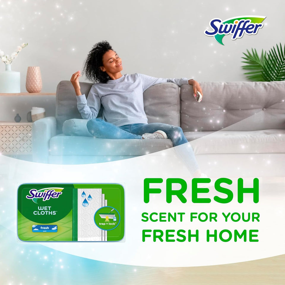 Swiffer Sweep + Mop, Wet Pads Refill, Floor Cleaner for Dirt, Dust, Hair, Cleaning Cloths for Mopping Home, Bathroom, Kitchen, All PLrpose Multi-Surface Floor Wipes, Fresh, 24ct