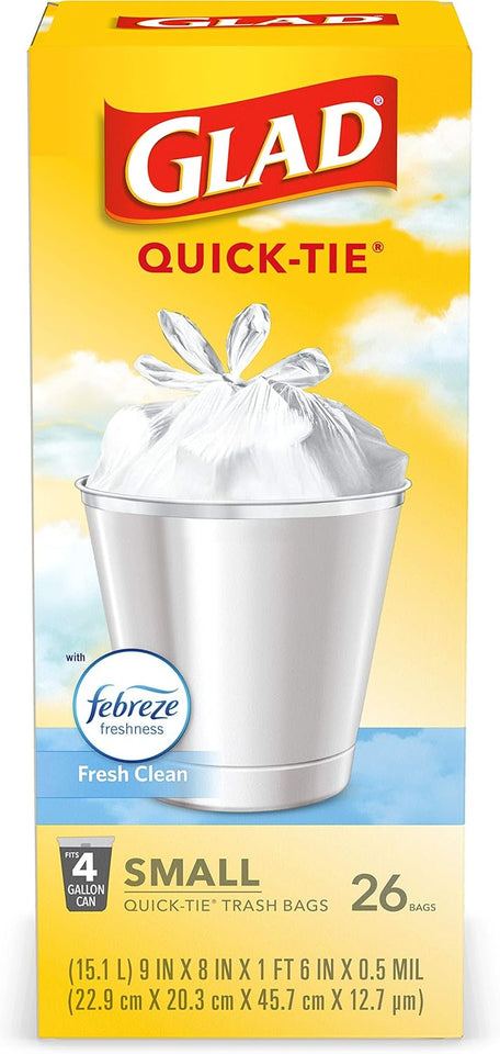 Glad Small Trash Bags 4 Gallon, Febreze Fresh Clean Garbage Bags, Odor Resistant with Quick Tie, 26 Count - PureLivingMart