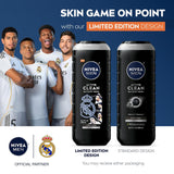NIVEA MEN Real Madrid Limited Edition Design Active Clean Body Wash with Natural Charcoal for Normal to Oily Skin, 3-in-1 Charcoal Body Wash, Face and Hair, 16.9 Fl Oz Bottle, Pack of 3