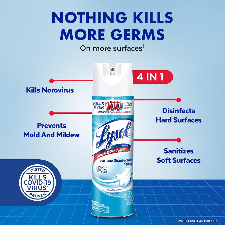 Lysol Disinfectant Spray, Household Essential Cleaning Supplies, Multi-Purpose Room Spray, Antibacterial Sanitizer Spray, Upholstery Deodorizer, Home and Bathroom, Crisp Linen,19 Fl Oz (Pack of 2)