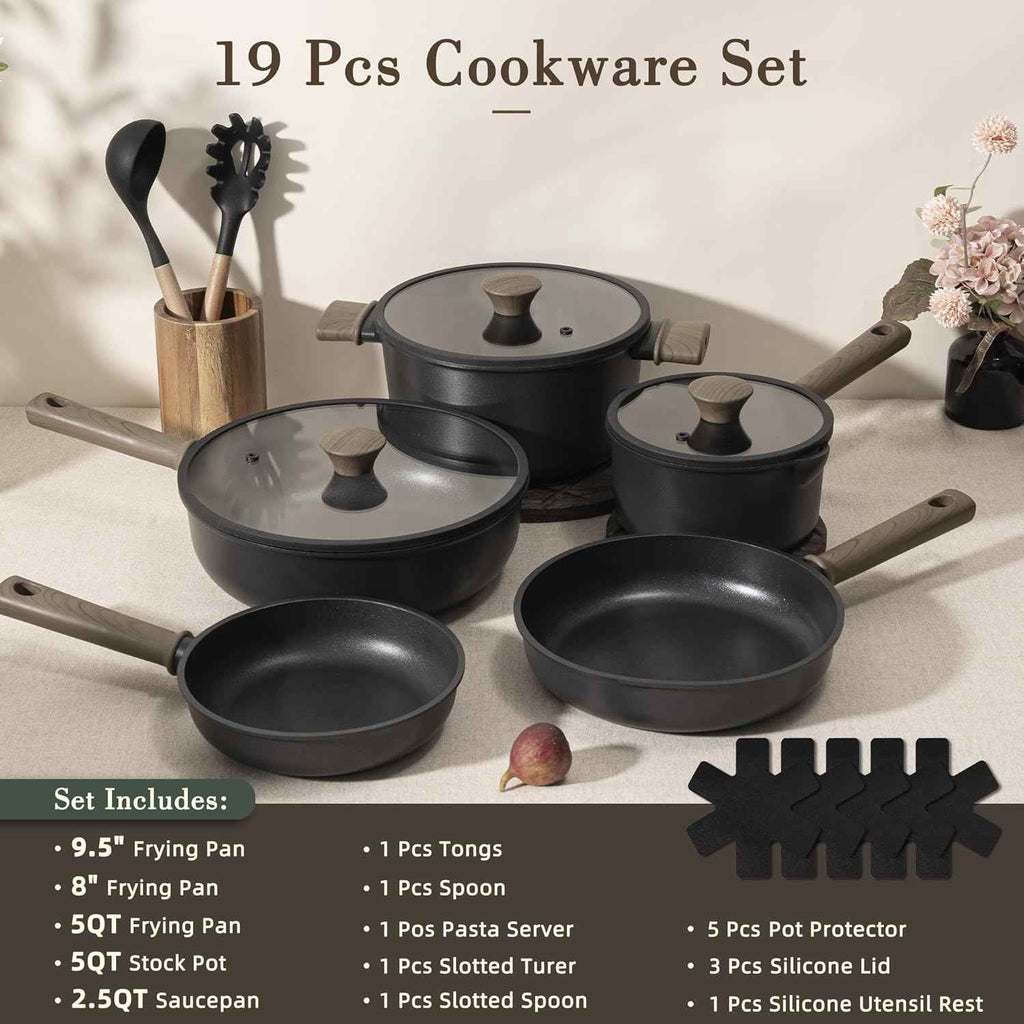 Astercook 19-Piece Titanium Induction Kitchen Cookware Set, PFAS/PTFE/PFOA & PFOS Free, Black