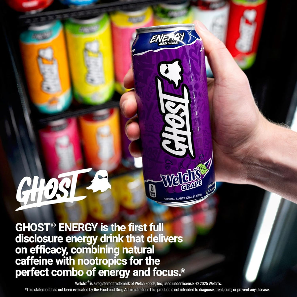 Energy Drink Welch's Grape – 200mg Natural Caffeine & Nootropic Focus Blend, Zero Sugar and No Artificial Colors, Vegan & Gluten-Free, 16 oz Cans (12-Pack)