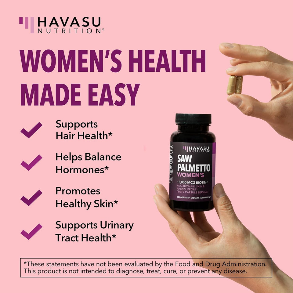 Saw Palmetto for Women with Biotin 5000mcg - Powerful DHT Blocker to Support Hair, Skin, and Nail Health - 60 Count - Vegan, Non-GMO Vitamin for Stronger, Fuller Looking Locks - 1 Month Supply