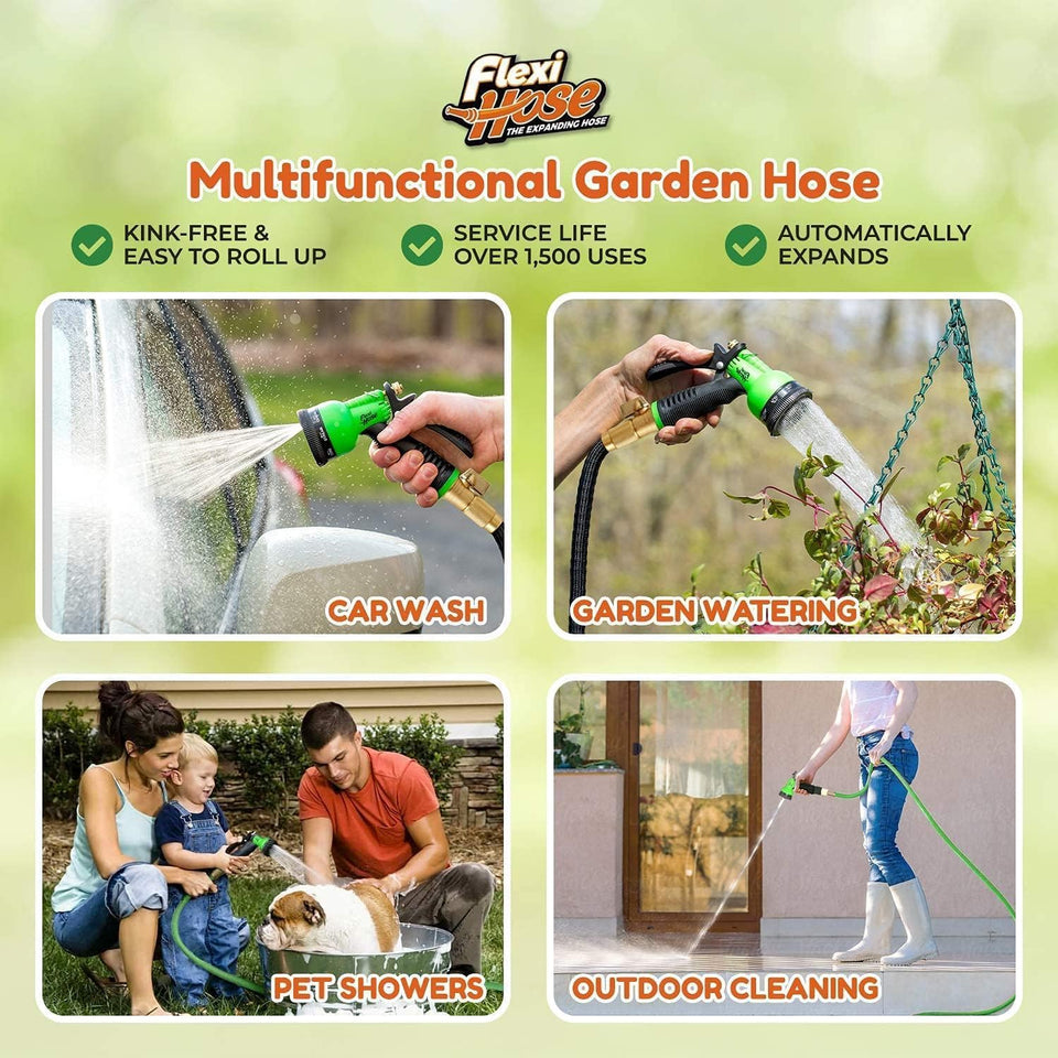Flexi Hose with 8 Function Nozzle, 50FT - Lightweight Expandable Garden Hose, No-Kink Flexibility, 3/4 Inch Solid Brass Fittings and Double Latex Core - Green