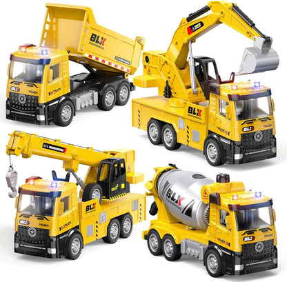 4 Pcs Alloy Construction Truck Toys Gifts For 2 3 4 5 Year Old Boys, 9" Construction Vehicles Toys With Light & Sound, Include Excavator, Crane, Dump and Mixer, Toys for Boys Toddler Kids 2-4 3-4 4-6