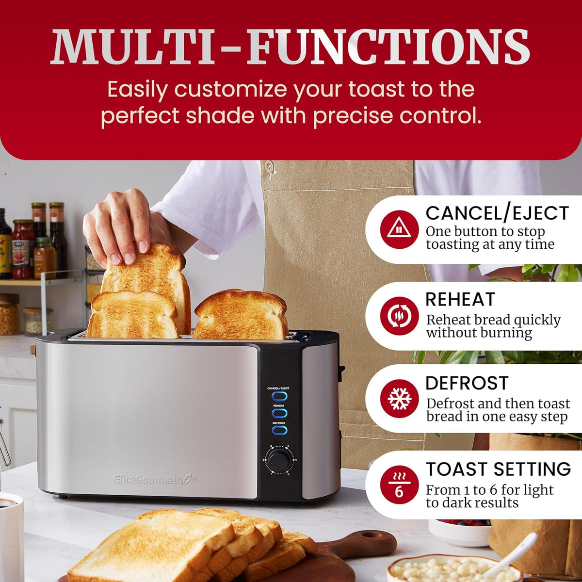 Elite Gourmet ECT-3100 4-Slice Long Slot Toaster | Extra Wide Slots for Bagels, Sourdough & Texas Toast | 6 Browning Settings | Reheat, Defrost & Cancel | Built-In Warming Rack | Stainless Steel