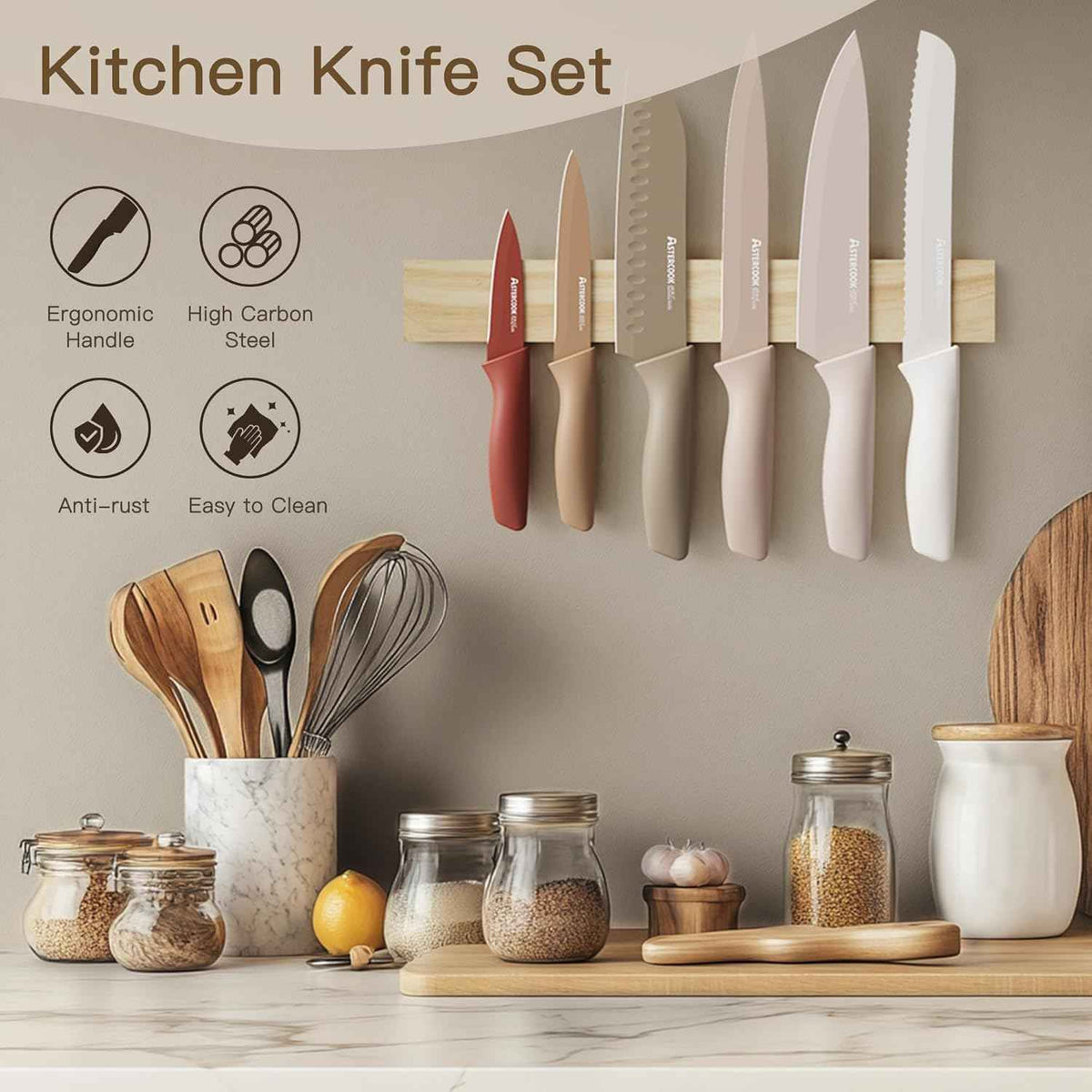 Astercook 13-Piece Kitchen Knife Set, Healthy Anti-Rust Coating, Dishwasher Safe, Stainless Steel
