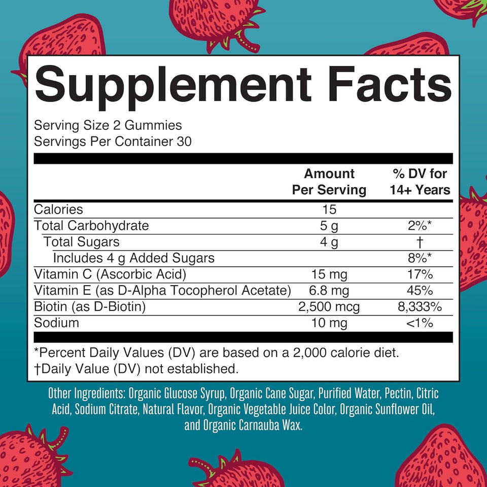 MaryRuth's Hair Skin and Nail Vitamins | USDA Organic | 2500 mcg Biotin Gummies with Vitamin C & Vitamin E | Hair Growth Vitamins | Skin Care | Nail Growth | Ages 14+ | 60 Count