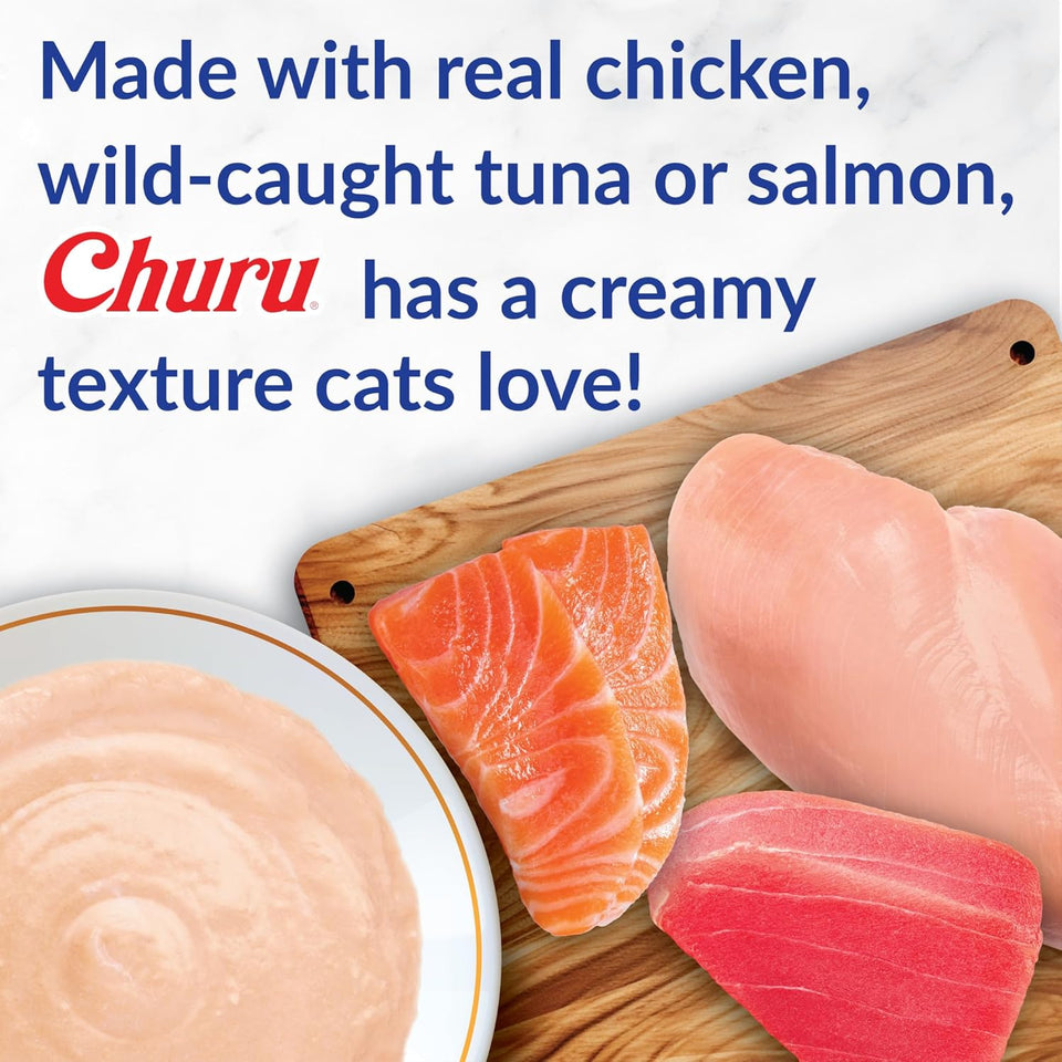 INABA Churu Cat Treats, Grain-Free, Lickable, Squeezable Creamy PLrée Cat Treat/Topper with Vitamin E & Taurine, 0.5 Ounces Each Tube, 50 Tubes, Tuna & Chicken Variety