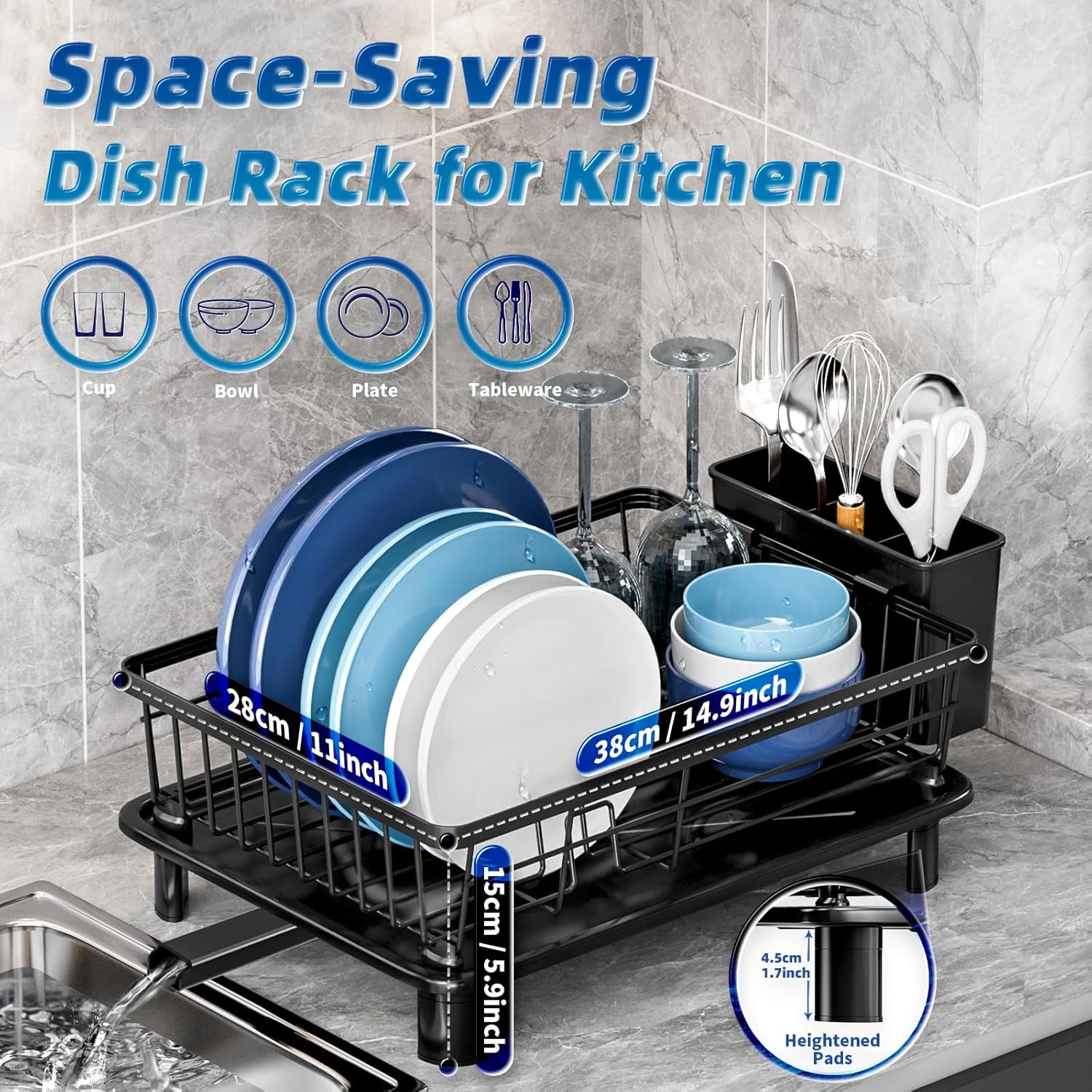 Dish Drying Rack, Stainless Steel-Dish Rack, Dish Racks for Kitchen Counter, Kitchen Dish Drainers with Removable Utensil Holder,New drain outlet,Plate Rack and Drainboard,(Black-11" W x 15" L)