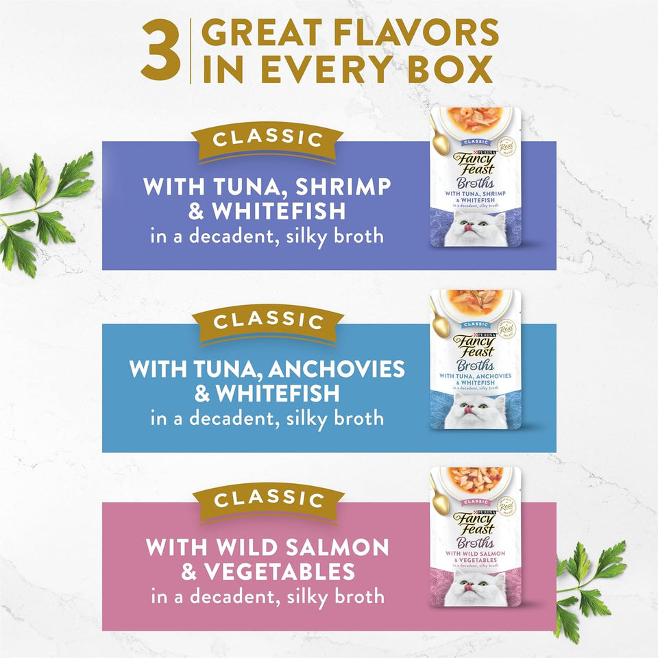 PLrina Fancy Feast Lickable Wet Cat Food Broth Complement Classics Collection Variety Pack - (Pack of 12) 1.4 oz. Pouches
