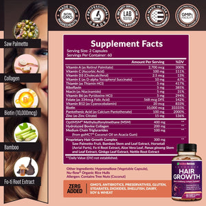 Hair Growth Vitamins for Women | Biotin 10,000mcg, Collagen, Patented OptiMSM®, goMCT®, Saw Palmetto | Naturally Regrow Stronger & Healthier Hair, Skin and Nails | Stops Hair Loss | 60 Day Supply