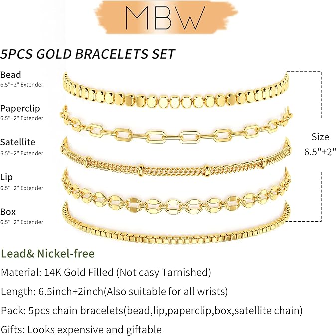 MBW Gold Bracelets for Women Trendy, Dainty 14K Gold Plated Bracelet Stack Beaded Chain Bracelet Set Thin Small Cute Paperclip Bracelets Fashion Waterproof Jewelry Gift Gold Accessories for Women