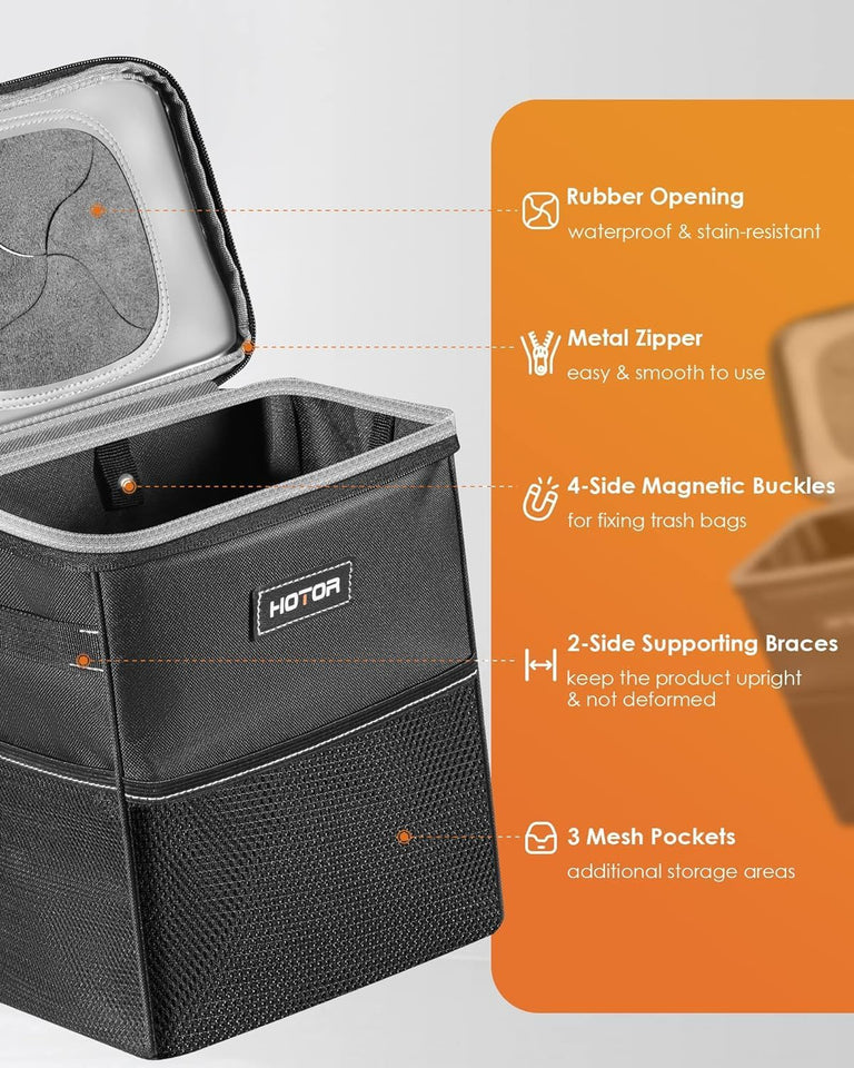 HOTOR Car Trash Can with Lid and Storage Pockets - 100% Leak-Proof Organizer, Waterproof Garbage Can, MultiPLrpose Trash Bin for Car, 2 Gallons, Black