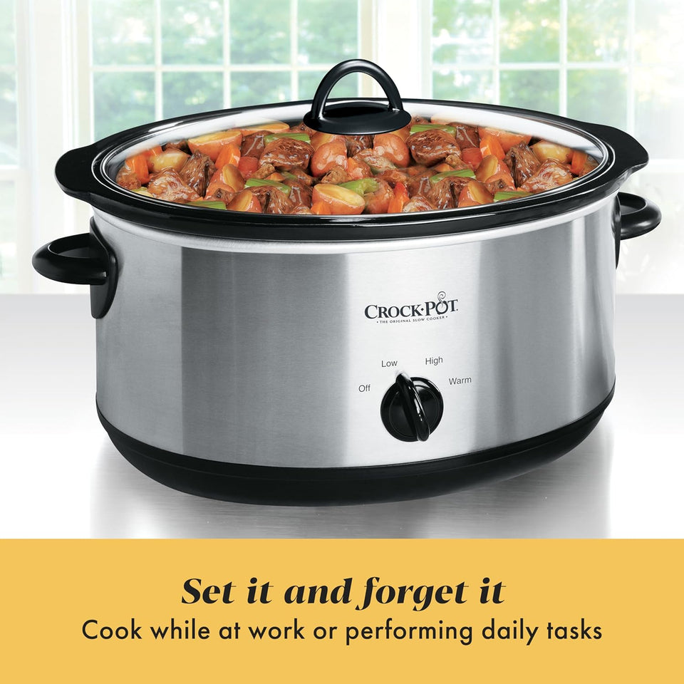 Crock-Pot 7-Quart Manual Slow Cooker, Family Size Serves 8+ People & Fits 6-lb Roast, Removable Stoneware with Warming Setting, Dishwasher Safe for Easy Cleanup, Stainless Steel