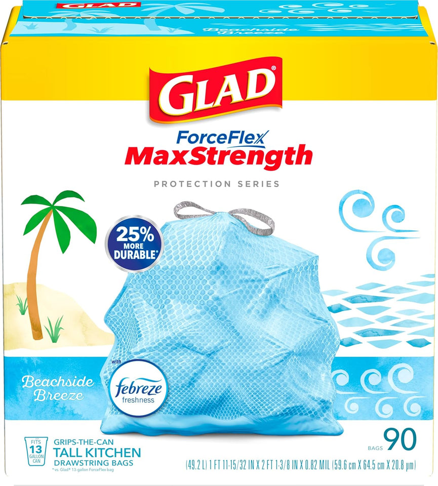 Glad Tall Kitchen Trash Bags 13 Gallon, MaxStrength Cherry Blossom Garbage Bags, Drawstring, 90 Count - PureLivingMart
