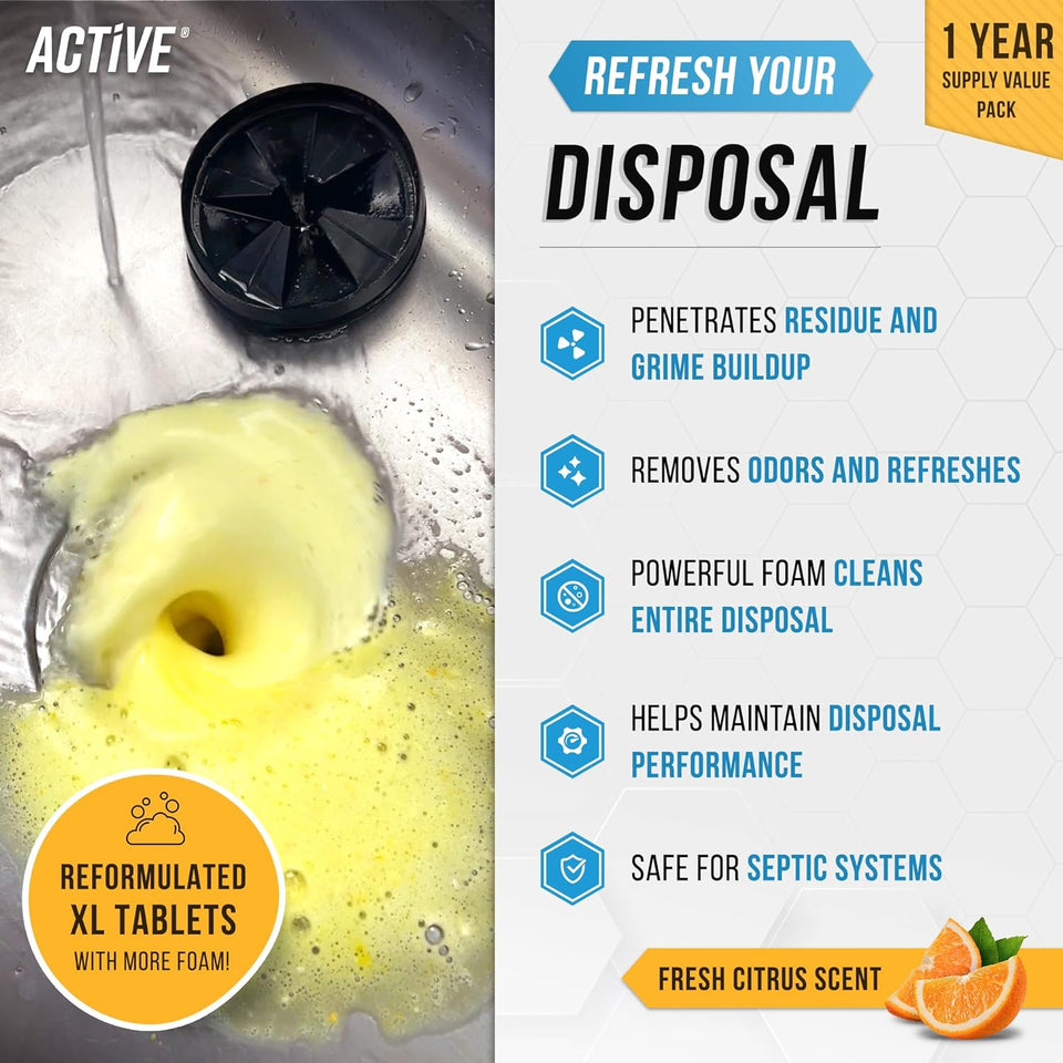 Garbage Disposal Cleaner Deodorizer Tablets - 24 Pack, New Powerful XL Foaming Tablet - Fresh Citrus Foam Sink Garburator Disposer Freshener, Natural Kitchen Drain Cleaning Care - 1 Year Supply - PureLivingMart