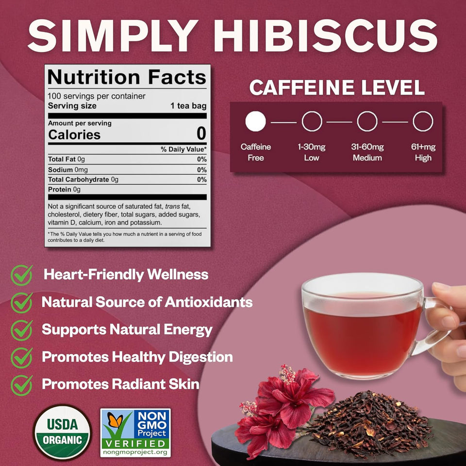 FGO Organic Hibiscus Tea, 100 Count, Eco-Conscious Tea Bags, Caffeine Free, Packaging May Vary (Pack of 1)