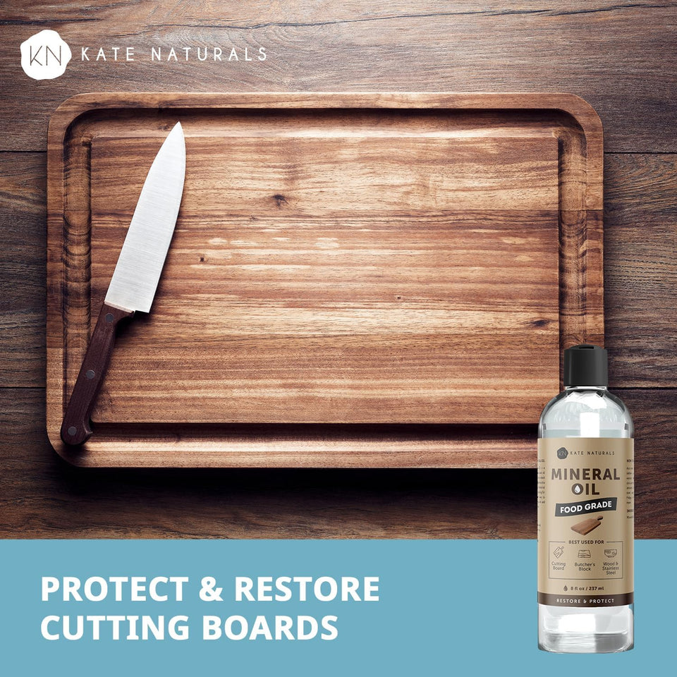 Kate Naturals Mineral Oil for Wood Cutting Board, Butcher Block, and Knife. Food Grade Mineral Oil for Wooden Cutting Board & Utensils (8oz, Food Safe)