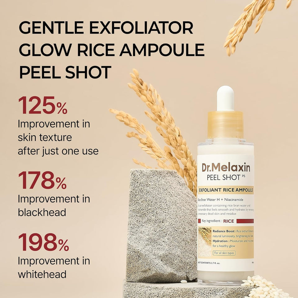 Dr.Melaxin Peel Shot Glow White Rice Peeling Ampoule with Rice Extract & AHA BHA, Brightening & Gentle Exfoliating Serum for Sebum Control, Niacinamide & Hyaluronic Acid, Korean Skincare, 2.71 fl.oz