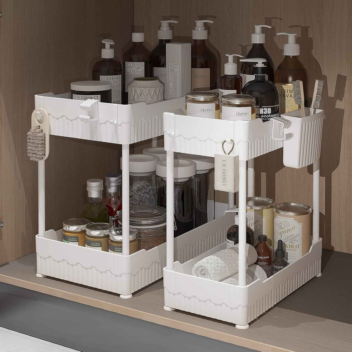 2 Pack Under Sink Organizer, Under Bathroom Cabinet Organizer with Hooks Hanging Cup, Multi-Purpose Storage Shelf for Kitchen Bathroom, Black