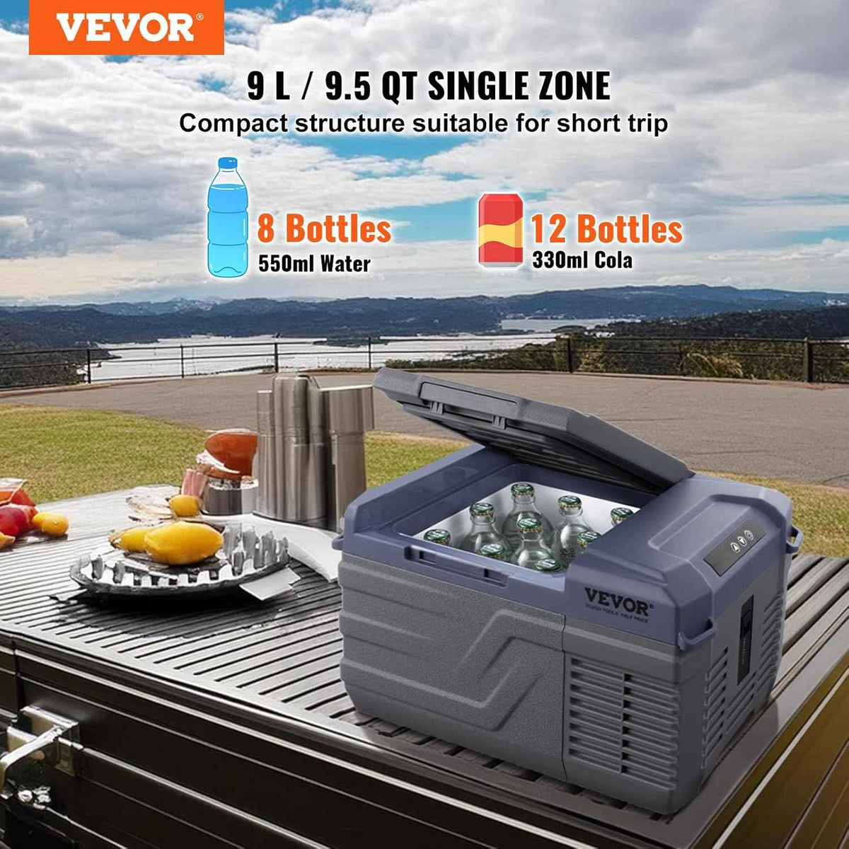 VEVOR Car Refrigerator, 12 Volt Car Refrigerator Fridge, 9 L Single Zone Portable Freezer, -4℉-68℉ Adjustable Range, 12/24V DC and 100-240V AC Compressor Cooler for Outdoor, Camping, RV