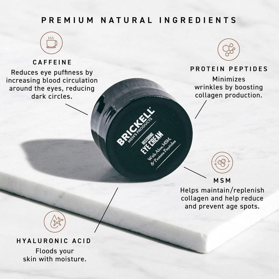 Brickell Men's Restoring Under Eye Cream for Men, Natural and Organic Anti Aging Eye Balm To Reduce PLffiness, Wrinkles, Dark Circles, Crows Feet and Under Eye Bags, 0.5 Ounce, Unscented