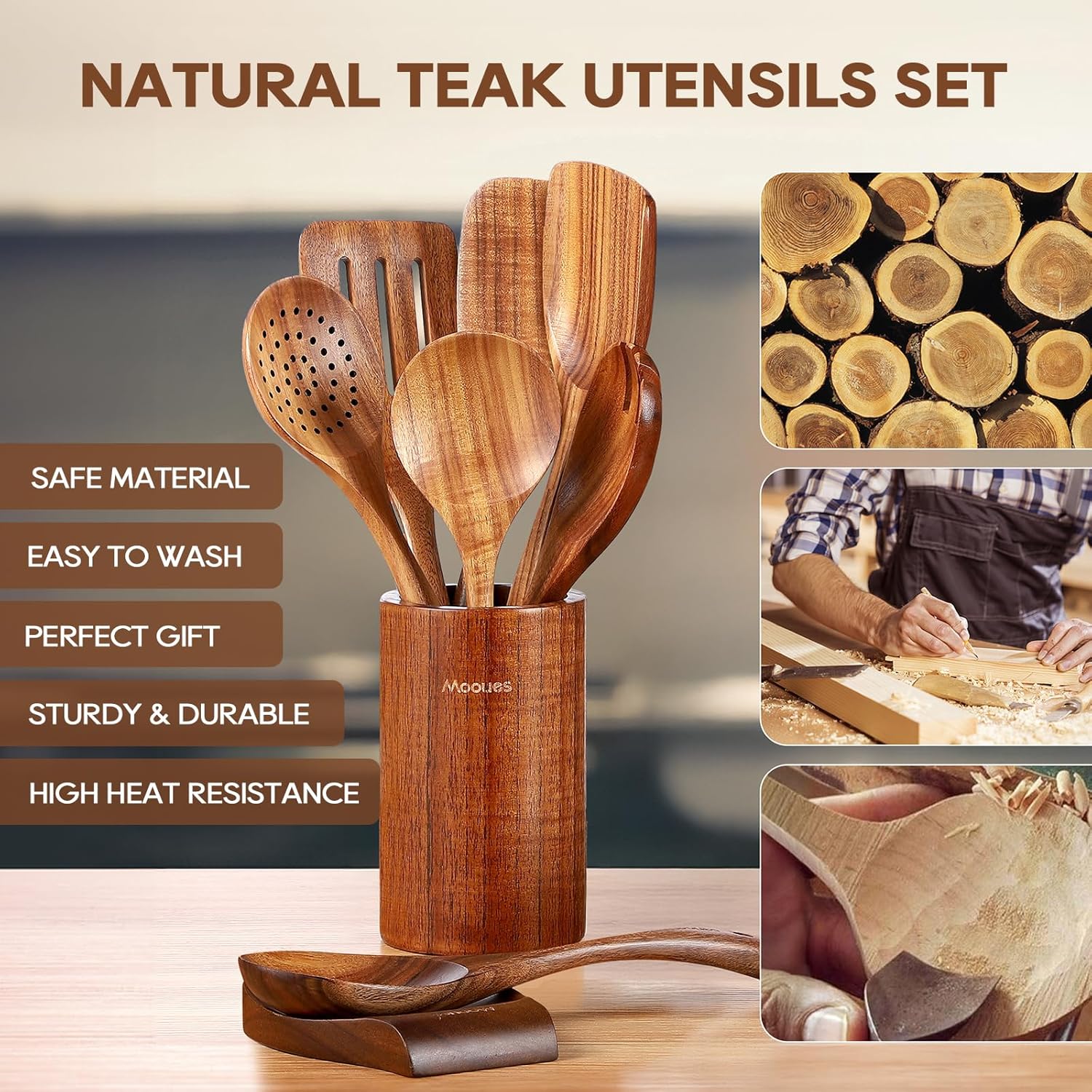 9 Piece Natural Teak Wooden Kitchen Utensil Set with Spoon Rest - Comfort Grip Cooking Spoons and Utensils Holder