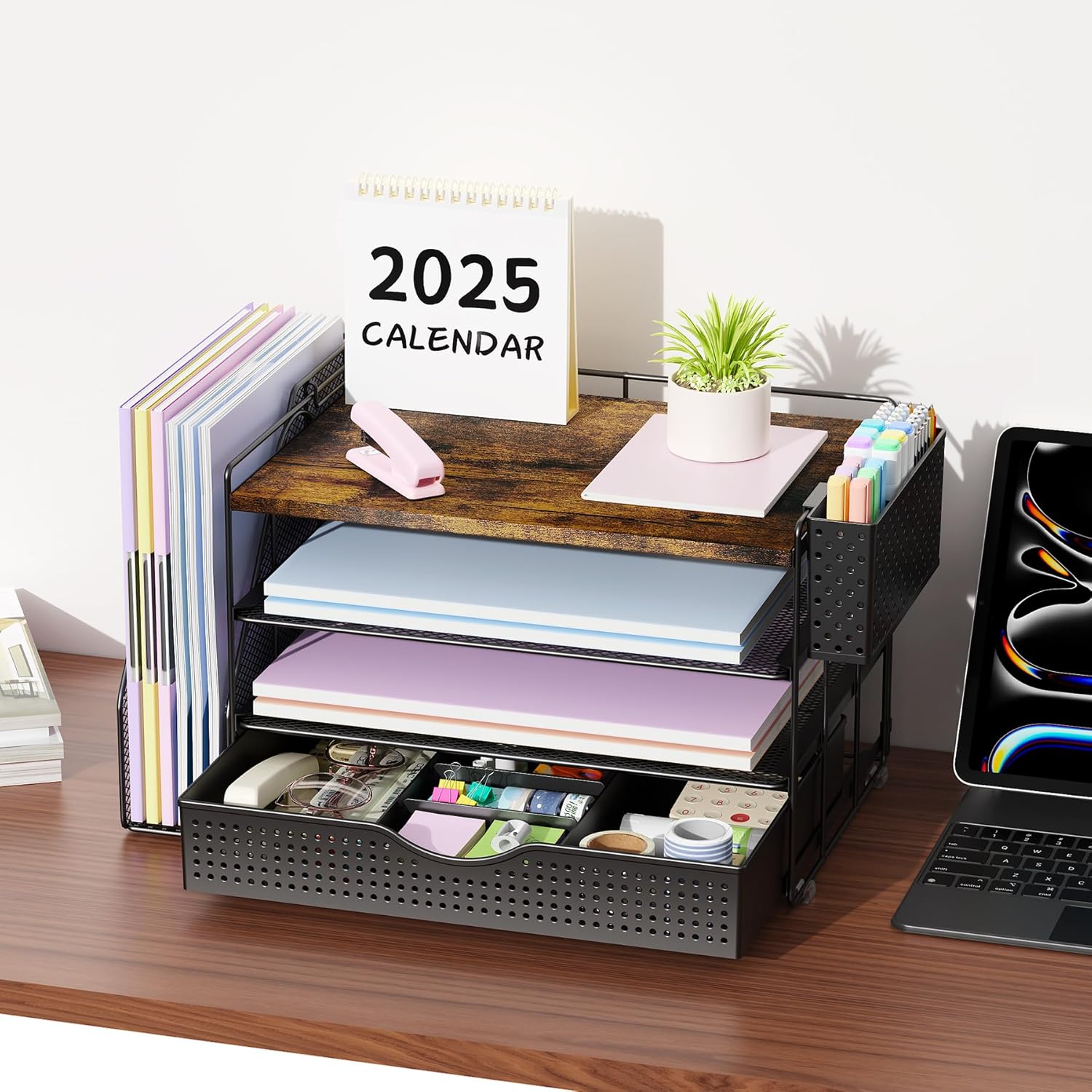 gianotter Wood Desk Organizers and Accessories with File Holder, 4-Tier Desk Accessories & Workspace Organizers with Drawer and Pen Holder, Desk Reference Organizer (Wood)