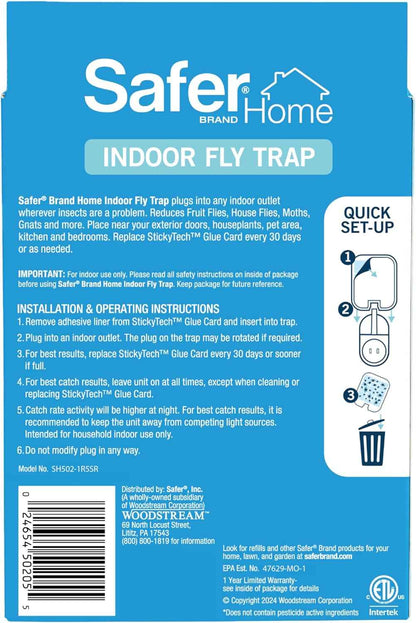 Safer Home Indoor Plug-in Fly Trap - SH502-1R5SR - Effective Fruit Fly Traps for Indoors, Gnat Traps for House Indoor, 400 Sq Ft Protection - Style: 1 Device + 5 Glue Cards