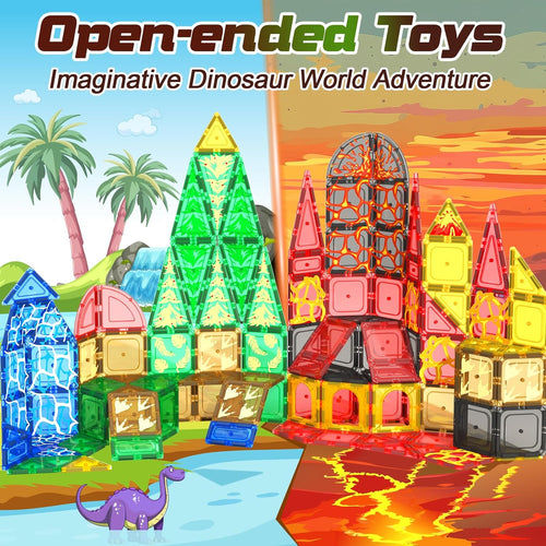102PCS Dinosaur Toys Magnetic Tiles with 8 Dinosaurs - Jurassic Scenes Dinosaur World Adventure Set, Magnetic Blocks Kids Toys for Boys & Girls Ages 3+, Sensory Toddler Creative Kids Games Gifts
