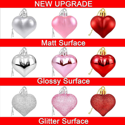 36pcs valentines heart shaped ornaments with red pink silver glitter baubles decorations set
