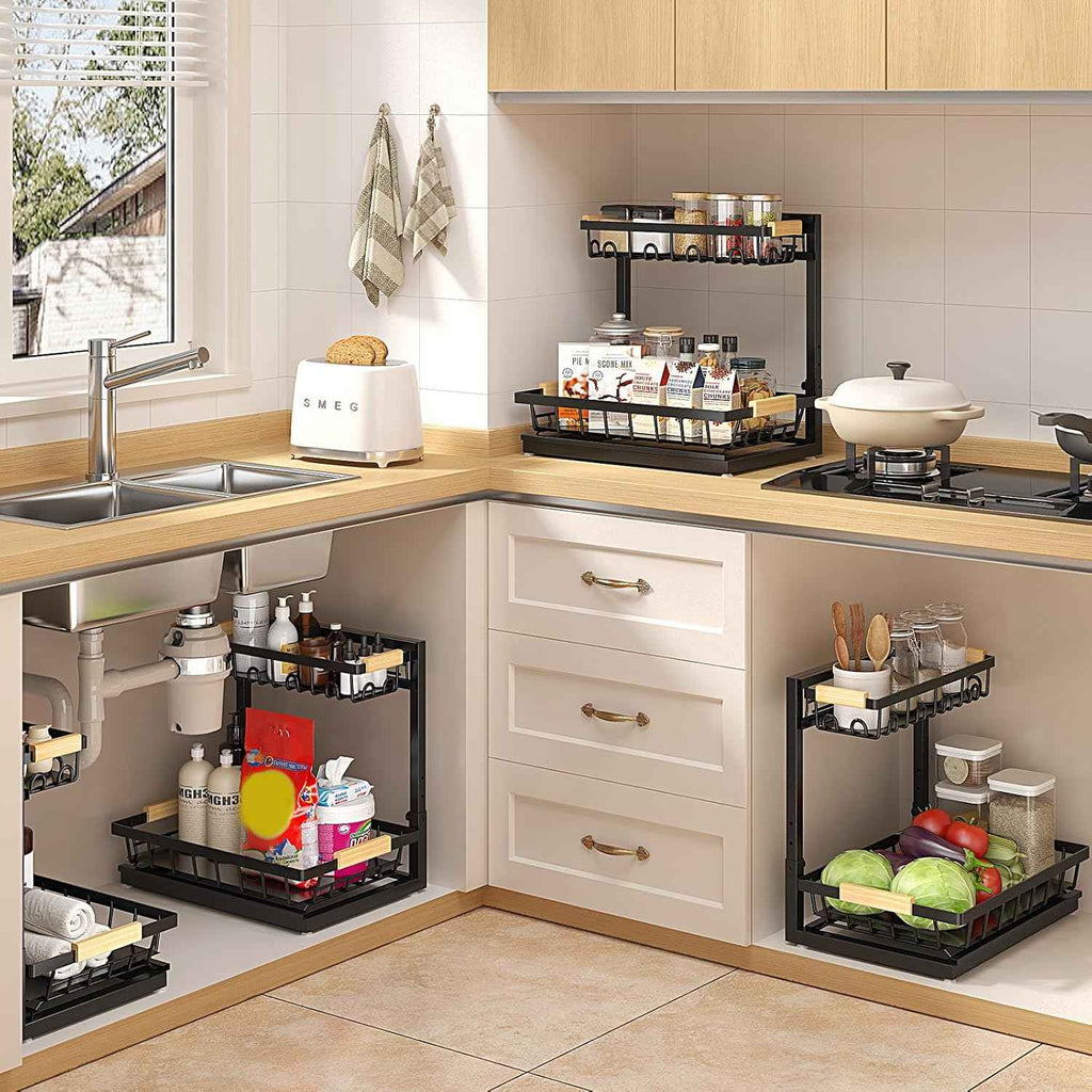 2 Packs Under Sink Organizer, 2026 Upgrade Height Adjustable 2 Tier Under Kitchen Sink Organizer, Multi-Purpose Storage Shelf for Kitchen Bathroom Cabinet (Black)
