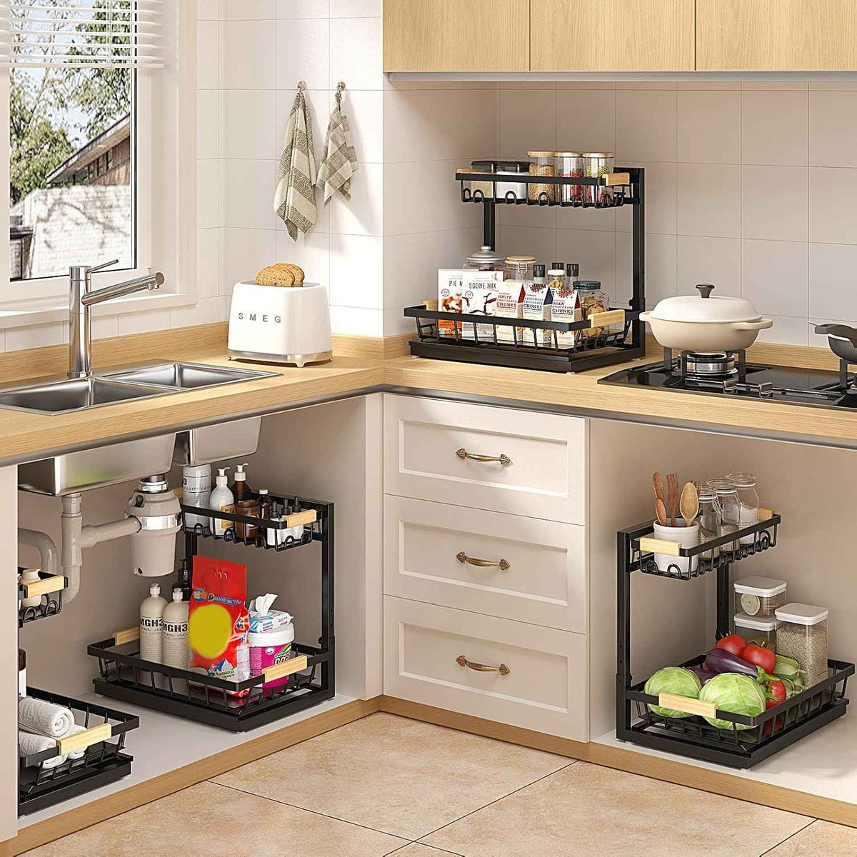 2 Packs Under Sink Organizer, 2026 Upgrade Height Adjustable 2 Tier Under Kitchen Sink Organizer, Multi-Purpose Storage Shelf for Kitchen Bathroom Cabinet (Black)
