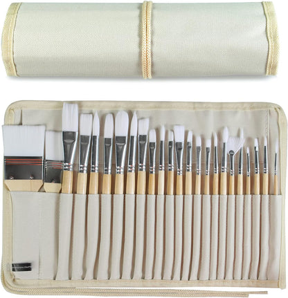 Paint Brushes Set of 24 Pieces Wooden Handles Brushes with Canvas Brush Case, Professional for Oil, Acrylic and Watercolor Painting