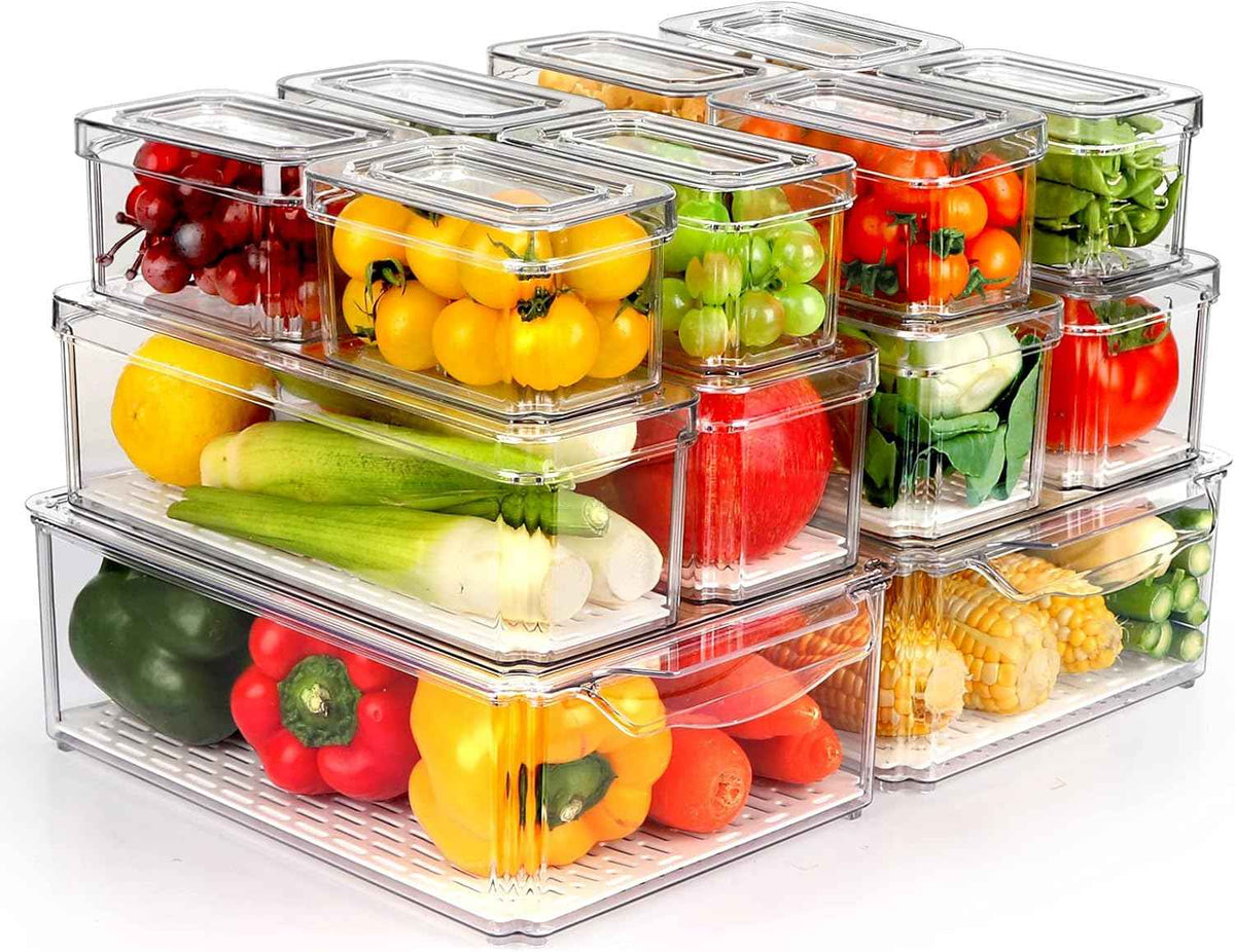 14 Pack Stackable Fridge Organizer Bins with BPA-Free Lids, Storage Containers for Fruits, Vegetables, and More