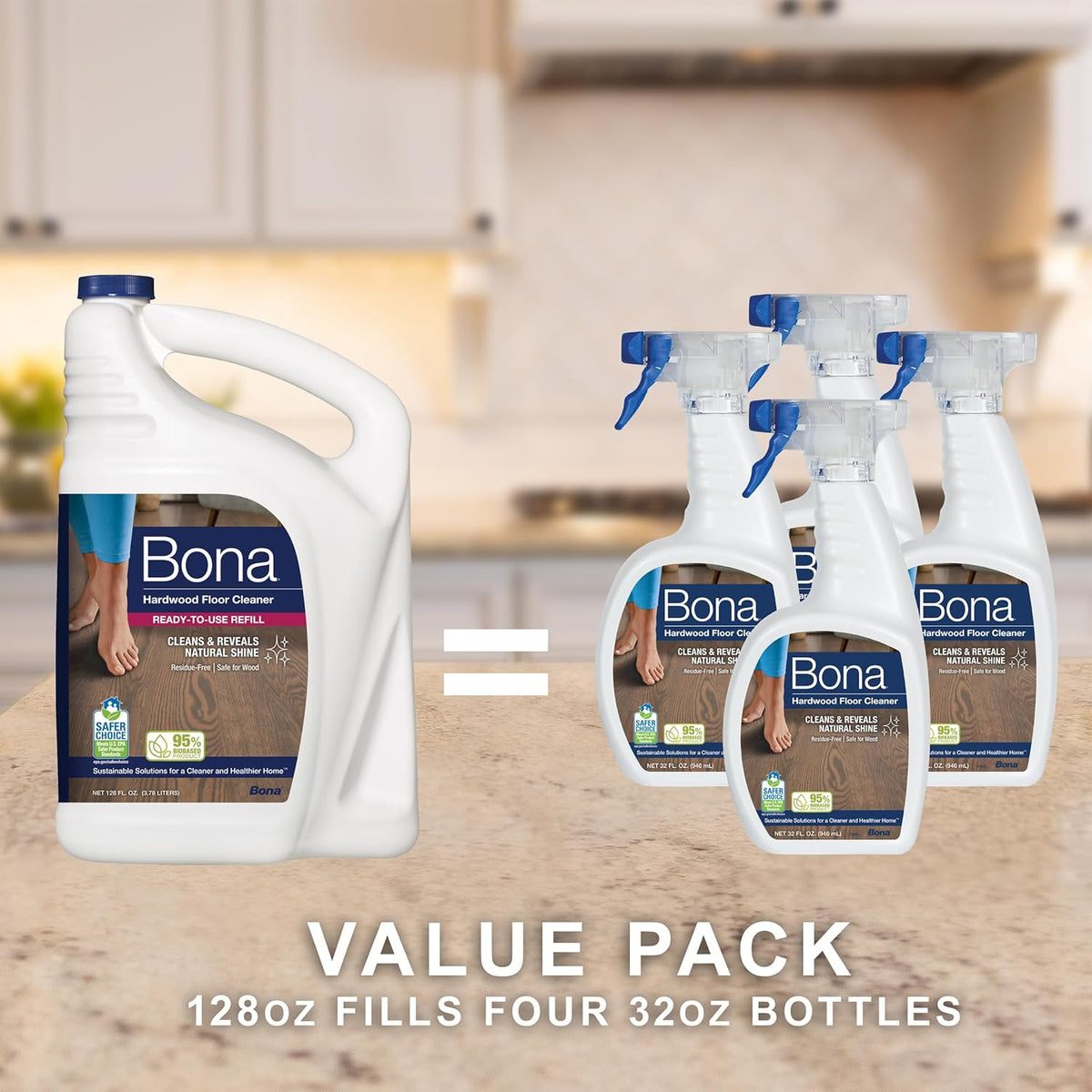 Bona Hardwood Floor Cleaner Refill - 128 fl oz - Unscented - Refill for Bona Spray Mops and Spray Bottles - Residue-Free Floor Cleaning Solution for Wood Floors