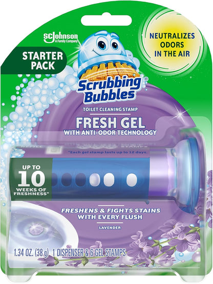 Scrubbing Bubbles Fresh Gel Toilet Bowl Cleaning Stamps, Helps Keep Toilet Clean and Helps Prevent Limescale & Rings, Lavender Scent, 1 Dispenser with 6 Fresh Gel Stamps