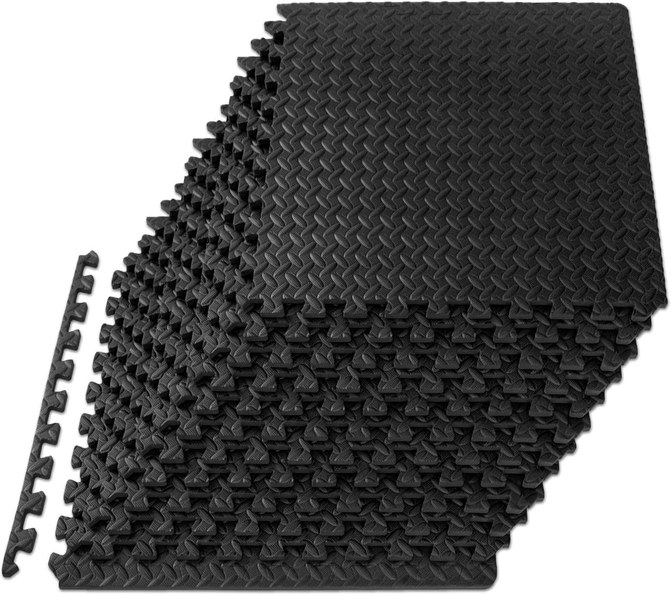 ProsourceFit PLzzle Exercise Mat ½ in, EVA Interlocking Foam Floor Tiles for Home Gym, Water-Resistant Mats Workout Equipment, Floor Padding for Kids, Black, 24 in x 24 in x ½ in, 48 Sq Ft - 12 Tiles