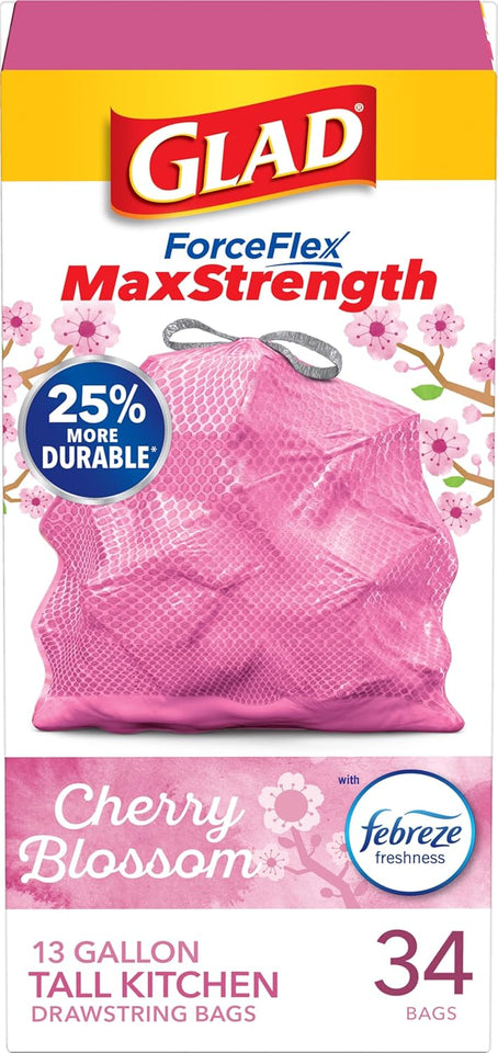 Glad Tall Kitchen Trash Bags 13 Gallon, MaxStrength Cherry Blossom Garbage Bags, Drawstring, 90 Count - PureLivingMart